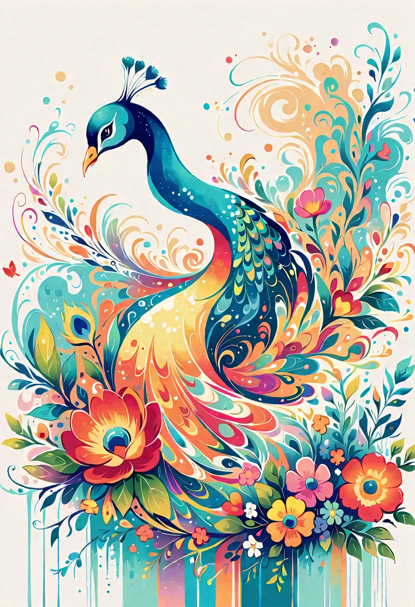 Yomu style, The most beautiful peacock  of all time colorful flowers, Simple Line Initialism，Abstract art，Urban Background