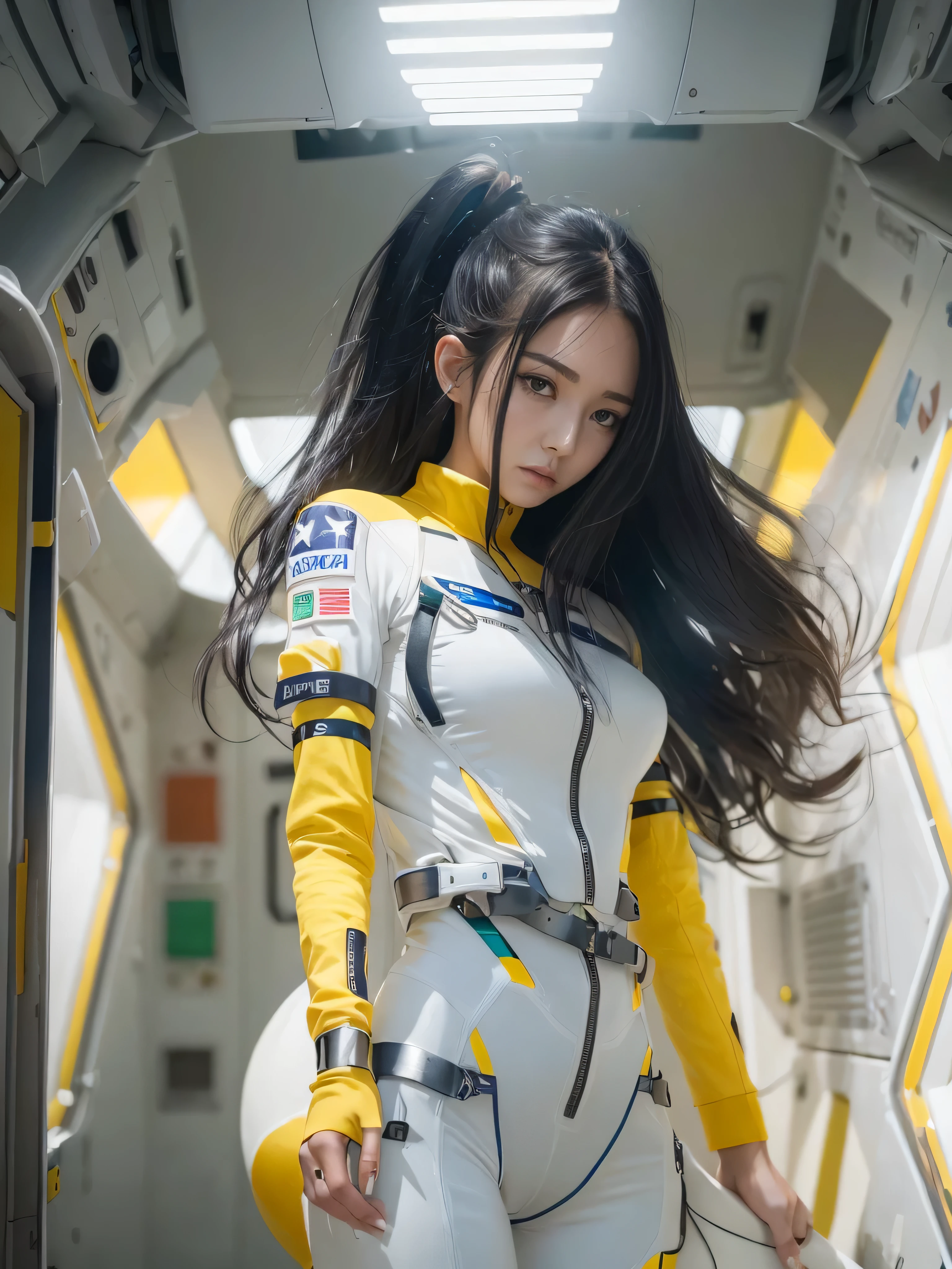 (Raw quality:1.4), Beautiful slim and long legged woman、Beautiful and well-groomed face、Long black hair、Smooth legs、Well-balanced and slim body、Full Body Lesbian、no gravity、Yellow spacesuits that fit snugly against the body、Inside the space station、mechanical、 White lighting