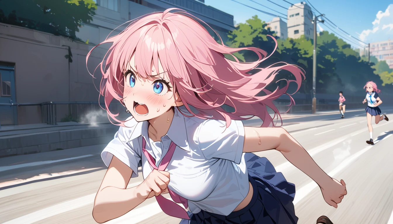 (1 girl),(Best Picture Quality, 8K, Masterpiece:1.3), (high school student:1.5), (pink lob hair), (bumpy hair), (slant skyblue eyes), ((school uniform, white short simple sleeve shirt, darkblue skirt, pink tie)), (super clear:1.5), (glistening skin:1.1),(pale skin:1.1), (looking ahead:1.3), ((from side:1.3)),(running through the beautiful scenery of the city alleys in the morning), (running:1.3),(panicking),(sweat:1.3),(steam:1.2),((extreme close up face))