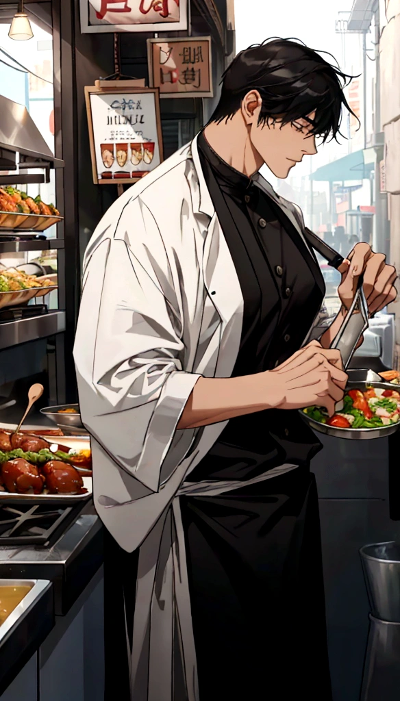 A handsome young man with black hair, dressed in a professional chef's outfit, is standing at a bustling street food stall. He is focused and skillfully preparing a delicious dish, with various cooking utensils and ingredients around him. The background features a vibrant market scene with other food stalls, colorful signs, and a crowd of people eagerly waiting for their food, emphasizing his dedication and expertise in the culinary arts.
