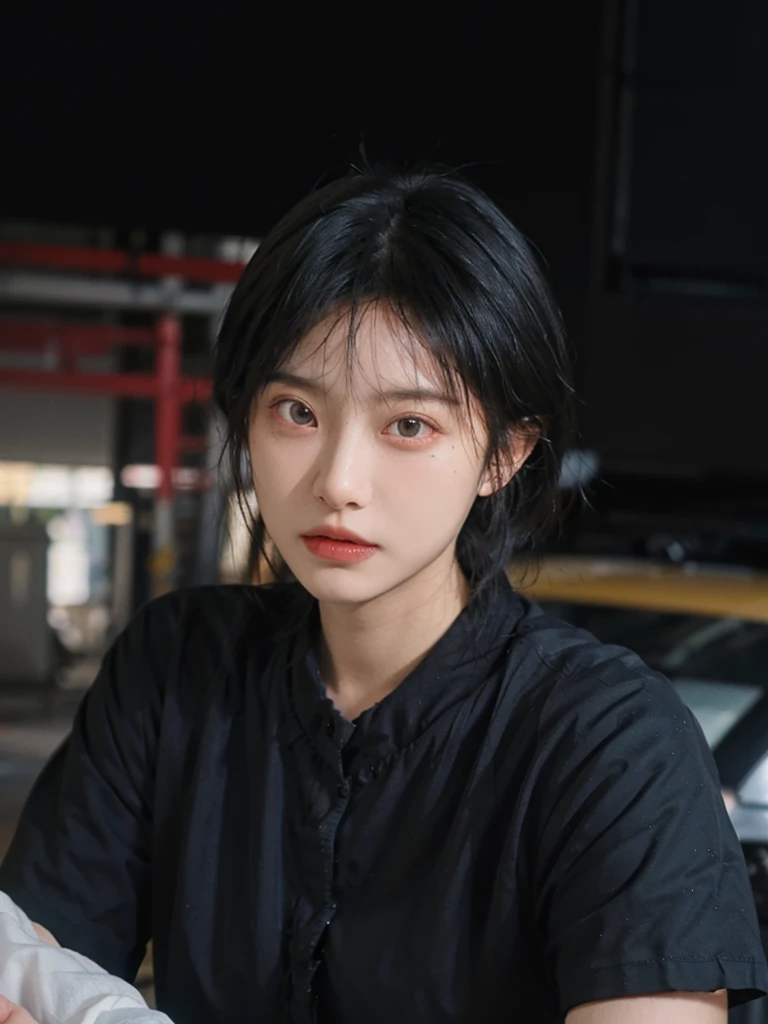 (smooth skin textures:1.3), Lipstick, Upper body，Upper Body，background, earrings, serene, calm, (Black shirt:1.6),（Dress conservatively：1.6），(Realistic and detailed eyes：1.2）, Natural skin texture, Realistic facial details, Soft dramatic lighting, Vivid details, outdoor, (Photo Practical:1.4), (hyper Practical:1.4), (Practical:1.3), (Improve lighting quality:0.9), (Highest quality real skin textures:1.4), (Enhance the beauty of skin texture:1.1), Hair details, model， short hair, Moles under the eyes, Portrait Photography, Depth of Field, Bokeh, Surrealism, Ray Tracing, (Portrait Photography:1.1), Surrealism, High Detail, Chiaroscuro, Ray Tracing, reflected light, Ultra HD, Ultra HD, masterpiece, Textured Skin, Super Detail, High Detail, high quality, best quality