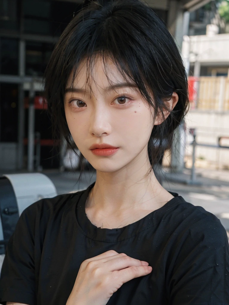 (smooth skin textures:1.3), Lipstick, Upper body,Upper Body,background, earrings, serene, calm, (Black shirt:1.6),(Dress conservatively:1.6),(Realistic and detailed eyes:1.2), Natural skin texture, Realistic facial details, Soft dramatic lighting, Vivid details, outdoor, (Photo Practical:1.4), (hyper Practical:1.4), (Practical:1.3), (Improve lighting quality:0.9), (Highest quality real skin textures:1.4), (Enhance the beauty of skin texture:1.1), Hair details, model, short hair, Moles under the eyes, Portrait Photography, Depth of Field, Bokeh, Surrealism, Ray Tracing, (Portrait Photography:1.1), Surrealism, High Detail, Chiaroscuro, Ray Tracing, reflected light, Ultra HD, Ultra HD, masterpiece, Textured Skin, Super Detail, High Detail, high quality, best quality