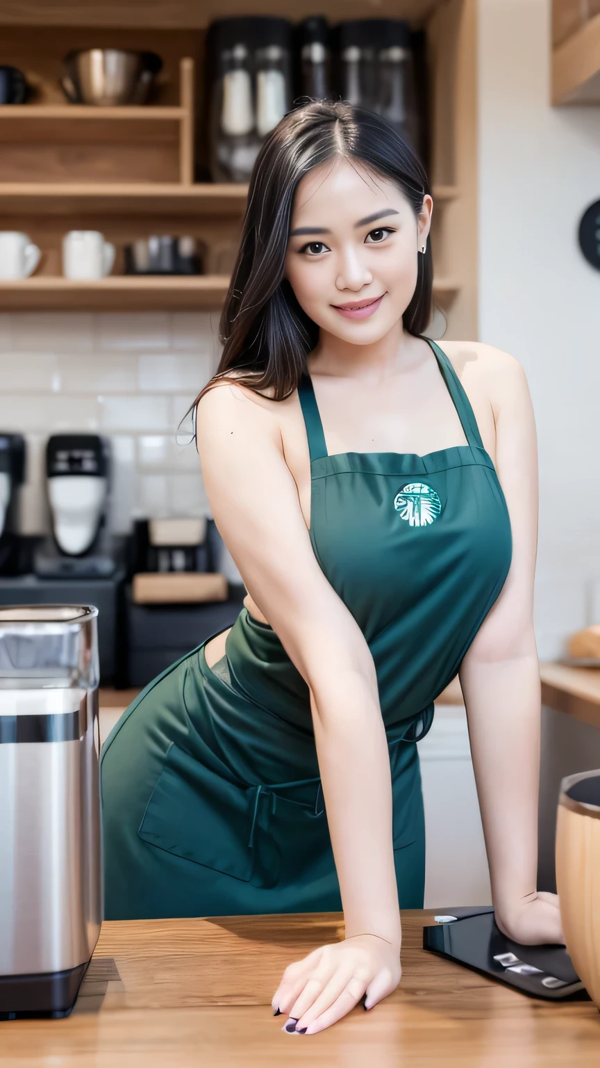 (best quality,highres), A beauty in a Starbucks uniform makes coffee, Big breast、just wearing naked apron、full body, naughty seductive pose, vivid colors,portrait,detailed eyes and face,dark hair,beautiful lips,expressive eyes,natural lighting,smoky eye makeup,curly hair,starbucks branding,coffee machine,morning scene,hot steaming coffee cup,caffeine boost,warm atmosphere,barista style,polished nails,professional lighting,playful expression,intense gaze,aroma of freshly brewed coffee,caffeine addiction,barista skills,aromatic coffee beans,sexy smirk,confident posture,enticing aura