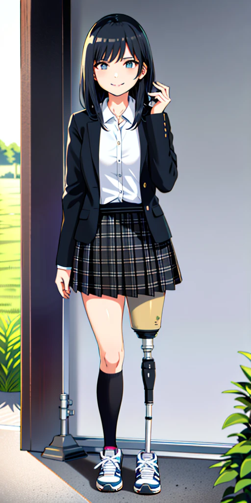 best quality, 1girl, solo, standing, outdoors, medium hair, black hair, straight hair, looking at viewer, medium breasts,  (prosthetic leg:1.2), black prosthetic leg, black socket, full body, smiling, (skirt:1.4), sneakers, plaid skirt, blue skirt, Japanese uniform, Japanese white female uniform. 