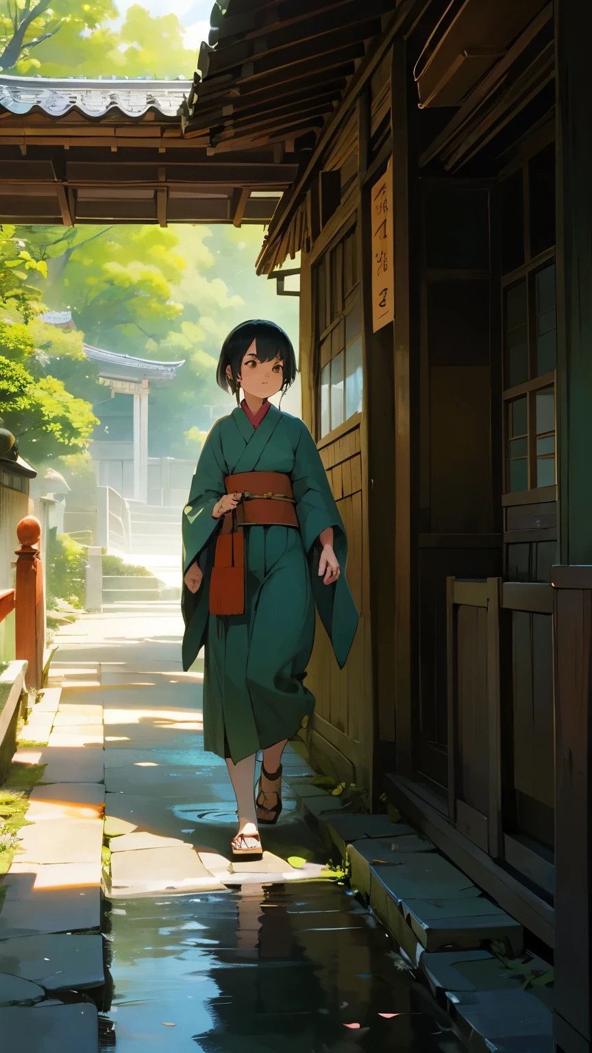 1girl,traditional japanese town,hot springs,stone-paved streets,girl in traditional attire,walking,nostalgic,ghibli-style,detailed environment,lush greenery,warm lighting,vibrant colors,highly detailed,photorealistic,8k,masterpiece,cinematic