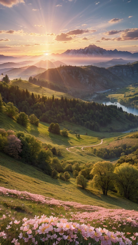 photo RAW,((spring:1.3) ,sunrise,(sunrays),hills and a wooden village on lake, (Pink Mink flowers on foreground), lens flare, 4k highly detailed digital art, 8k hd wallpaper very detailed, impressive fantasy landscape, sci-fi fantasy desktop wallpaper, 4k detailed digital art, sci-fi fantasy wallpaper, epic dreamlike fantasy landscape, 4k hd matte digital painting, 8k stunning artwork,Realistic, realism, hd, 35mm photograph, 8k, dusty atmospheric haze, (natural colors, correct white balance, color correction, dehaze,clarity), realistic, detailed, balanced, by Trey Ratcliff, Klaus Herrmann, Serge Ramelli, Jimmy McIntyre, Elia Locardi,Realistic, realism, hd, 35mm photograph, 8k), masterpiece, award winning photography, natural light, perfect composition, high detail, hyper realistic
