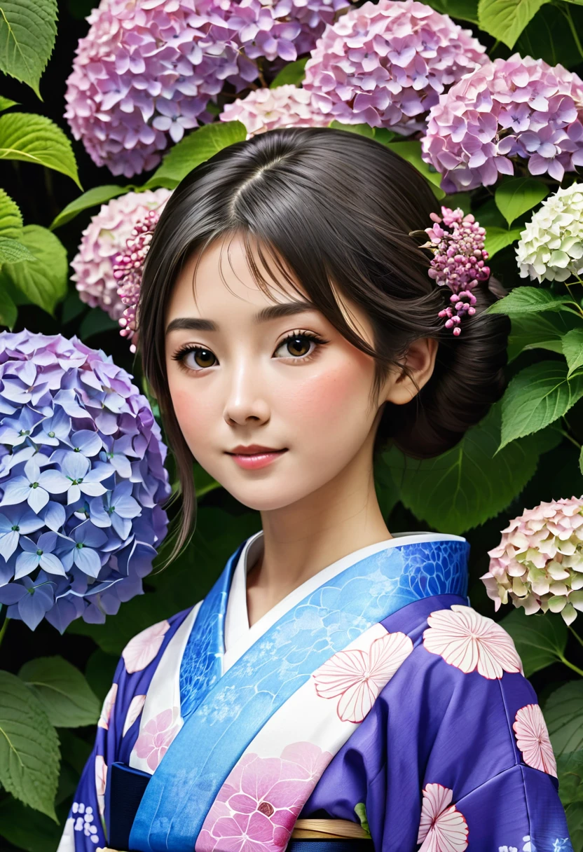 Yukata girl and hydrangea