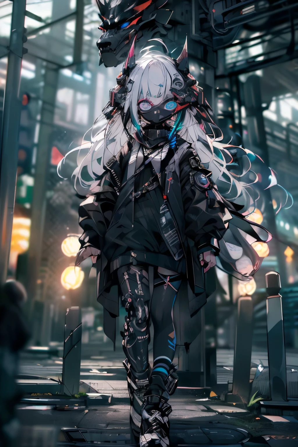 4K,(hacker),(((masterpiece))), ((best quality)), (Super Detail), (Hacker),Standing,walk, Super Future,Gemstone eyes,Mechanical ears,High-tech headphones,Black mask,Heterochromia,Everlasting,White hair, Long hair, Straight Hair, Deep blue eyes, Tech jacket,(((Girl wearing tech mask and tech accessories))), White high-top sneakers,