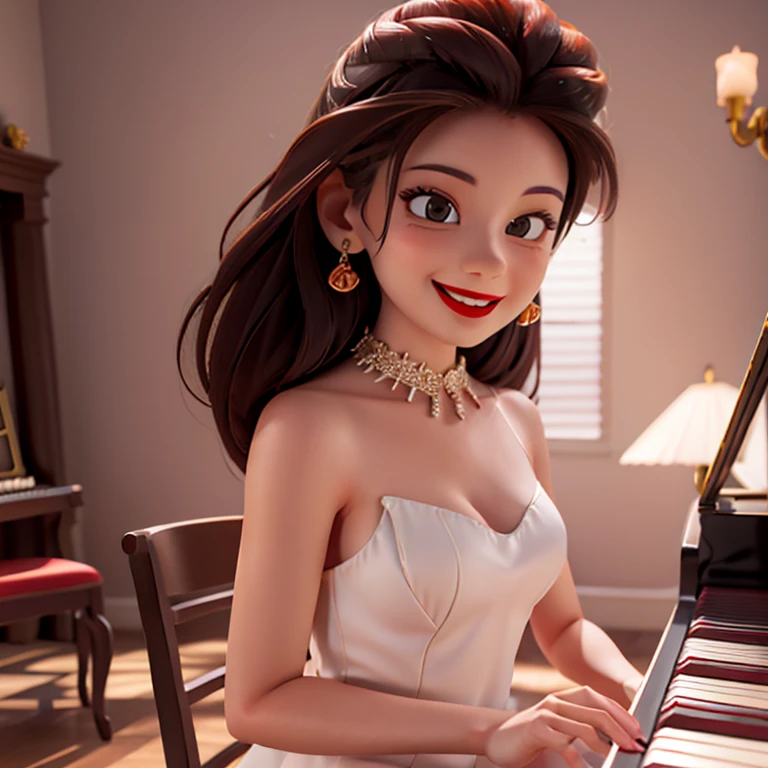full body 3d caricature of a woman, smiling, red lips, wearing cassual clothes, sit behind classic piano, playing piano in dessert, Sharp image, no blur, look at front, shot from front