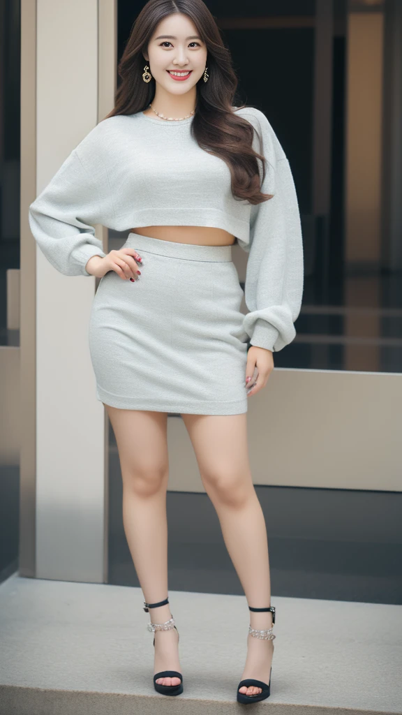 (Best Quality, Masterpiece, Photo realistic, Ultra Detailed, ultra high res, raw:1.3), (3girls), beautiful, Japanese, mature, 28yo, (tight knit, pencil skirt), (smile), long hair, bangs, high-waist, necklace, shopping mall, (long legs, high heels, full body:1.2), (big breasts:1.3)