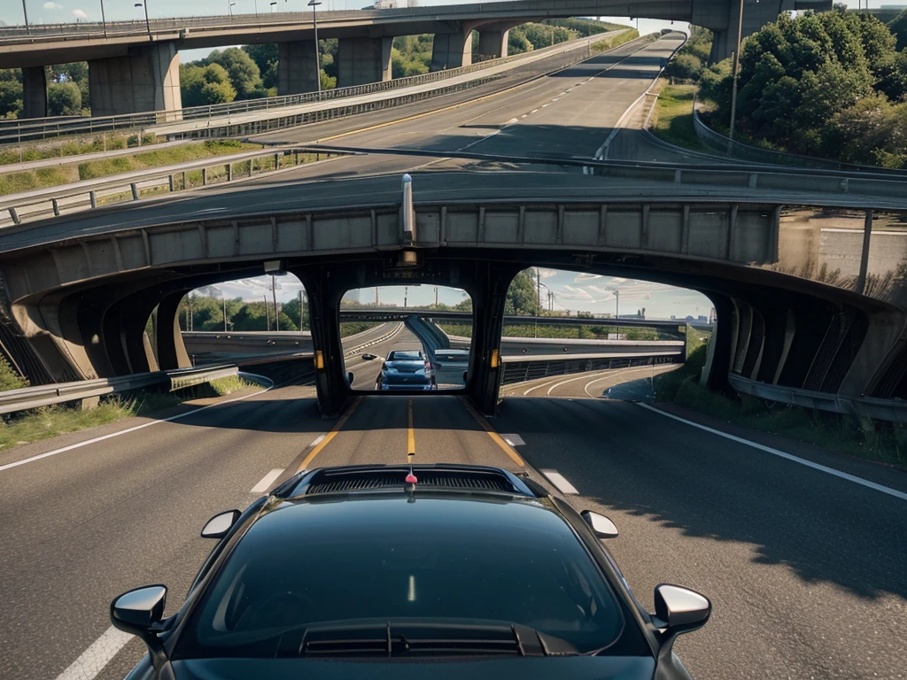 someone is driving a car on a highway with a bridge in the background, automotive, driving, car on highway, on realistic hud, dashcam footage, dash cam, wide fov, realistic depiction, easy, detailed surroundings, intelligent, driving fast, inside of a car, smart, advanced, car moving fast, wide, car, car, cars on the road