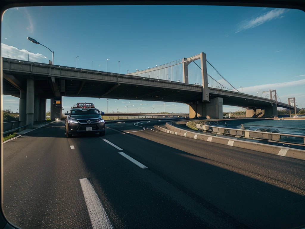 someone is driving a car on a highway with a bridge in the background, automotive, driving, car on highway, on realistic hud, dashcam footage, dash cam, wide fov, realistic depiction, easy, detailed surroundings, intelligent, driving fast, inside of a car, smart, advanced, car moving fast, wide, car, car, cars on the road