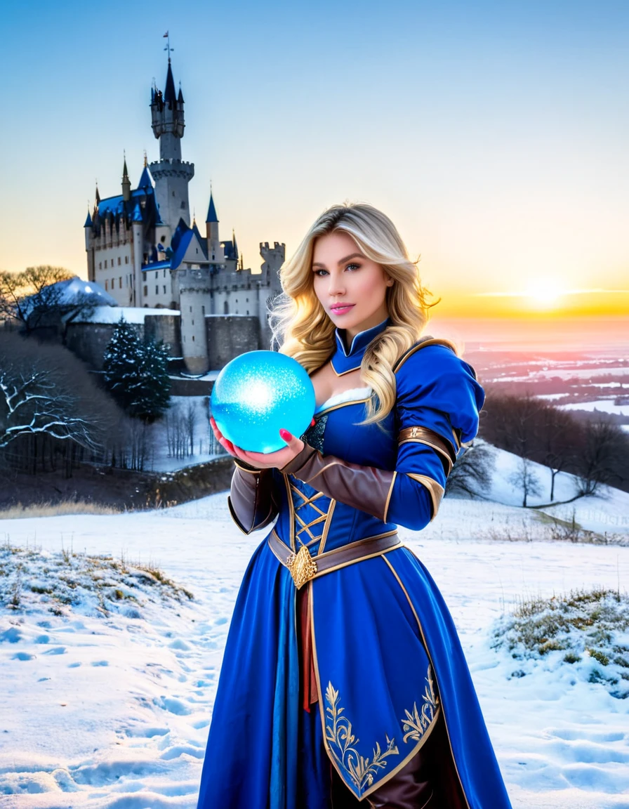 A blonde woman in a blue medieval warrior outfit, holding a glowing orb, standing in a snowy landscape with a castle in the background.