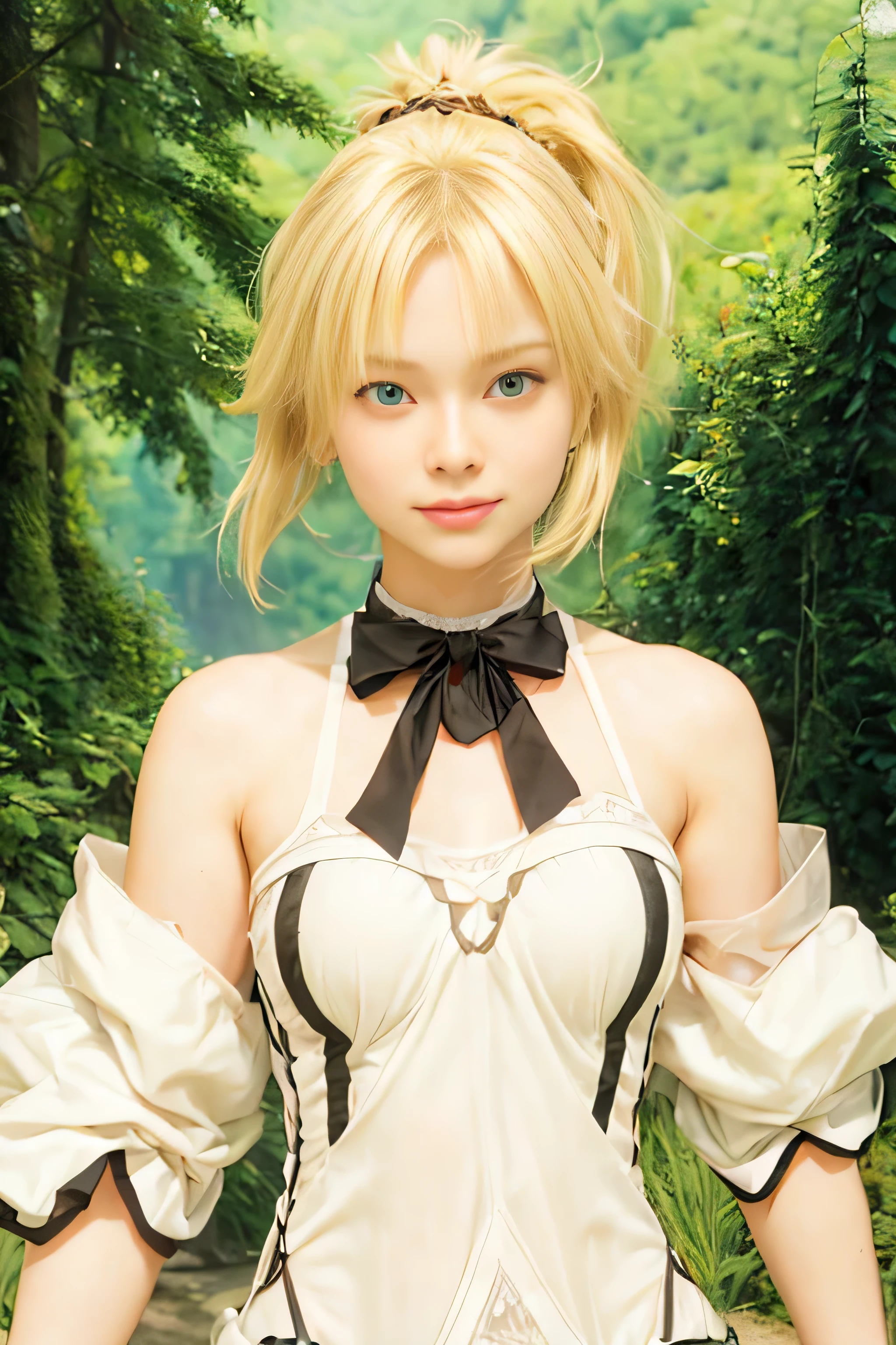 masterpiece, best quality, (realistic,photo-realistic:1.4), (RAW photo:1.2), extremely detailed CG unity 8k wallpaper, delicate and beautiful, amazing,finely detail, official art, absurdres, incredibly absurdres, huge filesize, ultra-detailed,extremely detailed eyes and face,light on face,little smile,mordred,(blonde hair:1.4),(short hair:1.3),(nature background:1.4),(wearing white dress:1.4),(ponytail:1.3)