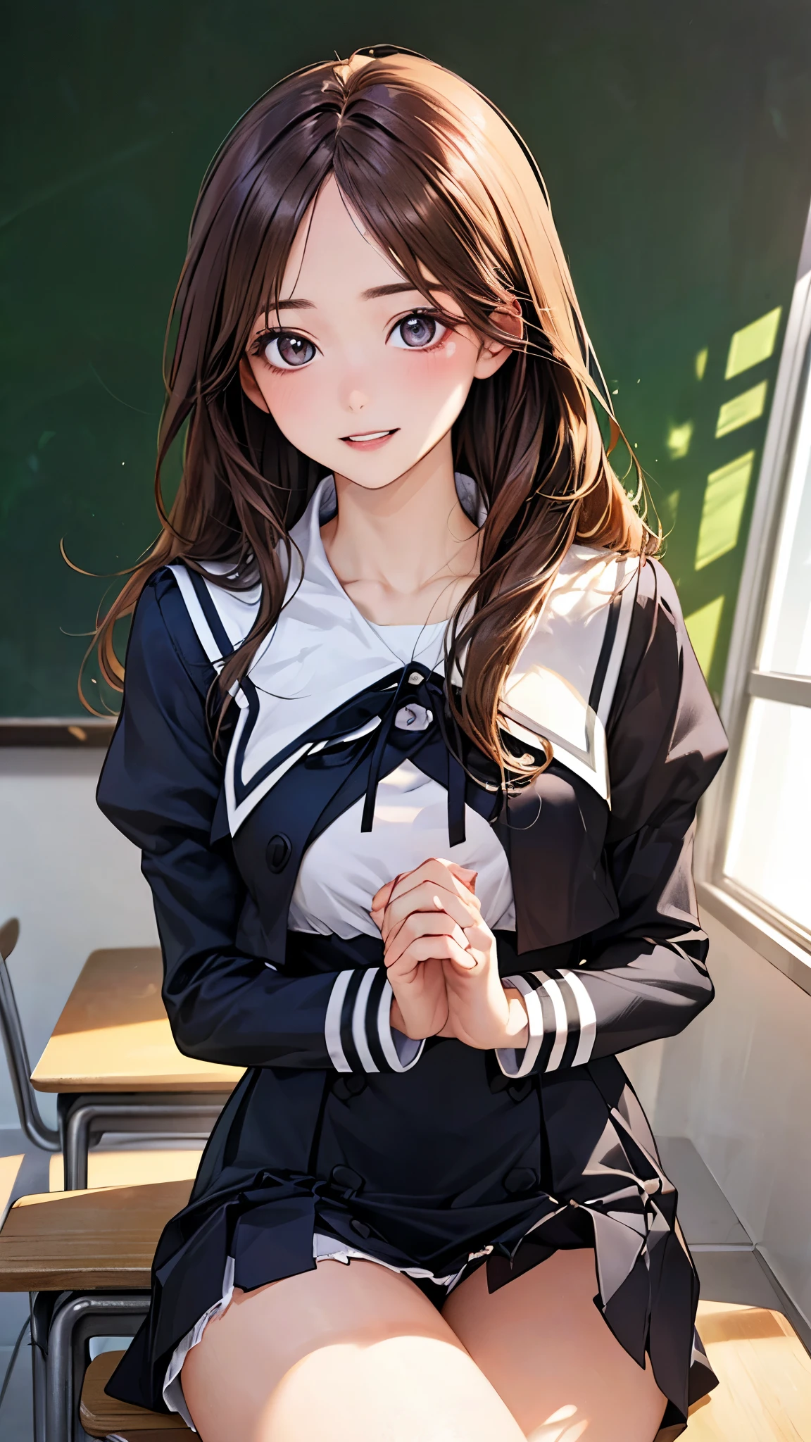 (masterpiece:1.2, top-quality), (realistic, photorealistic:1.4), beautiful illustration, (natural side lighting, movie lighting), nsfw, 
looking at viewer, 1 girl, japanese, high school girl, perfect face, cute and symmetrical face, shiny skin, 
(long hair, straight hair, brown hair), forehead, gray eyes, slant eyes, big eyes, long eye lasher, (medium breasts), (small ass, thin thighs), slender, outstanding style, 
beautiful hair, beautiful face, beautiful detailed eyes, beautiful clavicle, beautiful body, beautiful chest, beautiful thigh, beautiful legs, beautiful fingers, 
(YurigaokaUniform), 
(beautiful scenery), morning, (classroom), sitting, (lovely smile, upper eyes, parted lips),