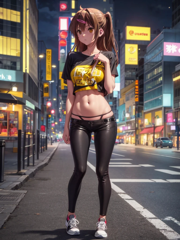 Girl, slim tight t-shirt, black Thong, navel shown, street background, openlegs, in Sneakers, night 