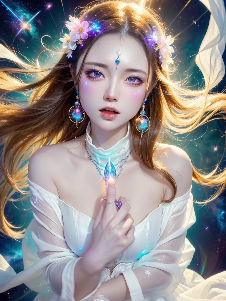 4K Ultra HD, masterpiece, A girl with a magical aura, Nice face, Long Hair, Shiny Hair, fine grain, Glossy Lips,, Aura around the body, Magical Effects, Spreading white light, Cosmic elements and ethereal atmosphere, A mix of bright lights and colorful nebulae, Space Background,, Whitening、(((Wearing white cloth 1.5)))、Hair and fabric blowing in the wind、(((See-through 1.5)))、(((Dynamic pose 1.4)))、Bust up photo、(((Feeling Ecstasy 1.85)))、、Luxurious earrings and necklaces、(((1.5)))、Brown Hair、Open your mouth、Chubby body type、
