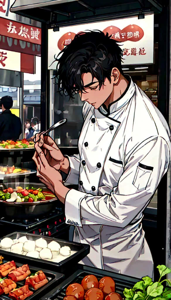 A handsome young man with black hair, dressed in a professional chef's outfit, is standing at a bustling street food stall. He is focused and skillfully preparing a delicious dish, with various cooking utensils and ingredients around him. The background features a vibrant market scene with other food stalls, colorful signs, and a crowd of people eagerly waiting for their food, emphasizing his dedication and expertise in the culinary arts.
