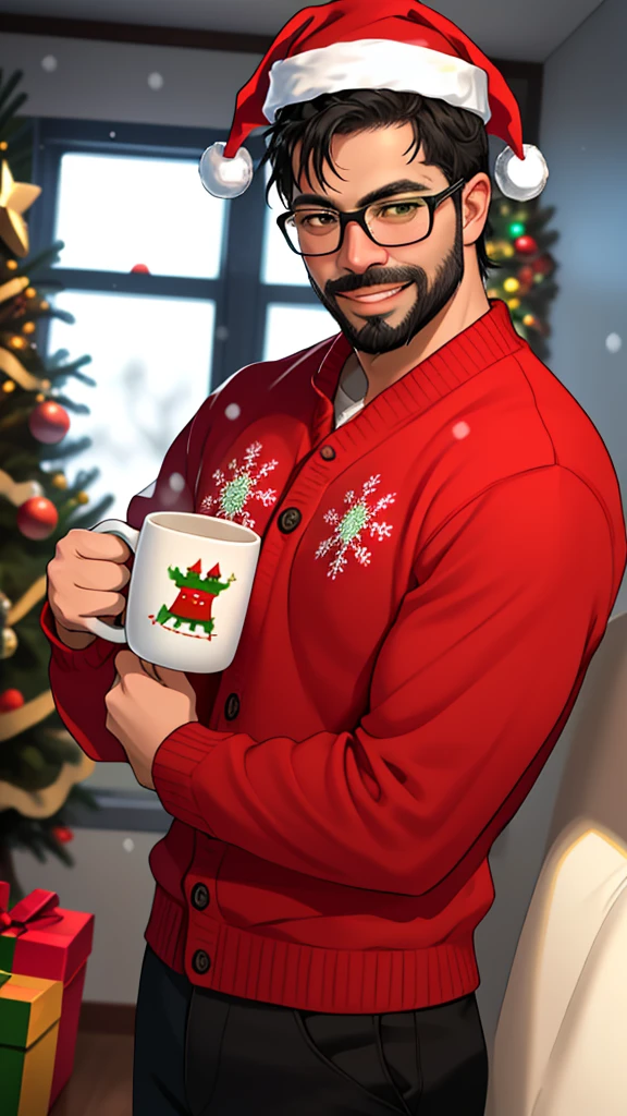 a middle-aged man, daddy, hunk physique, beefy, burly, hairy, manly, really tall, black hair, beard, wearing a red and green Christmas sweater, red trousers, wearing glasses, wearing a red Santa's Christmas hat, cheerful cute smile, holding a hot chocolate mug, Winter, indoors, snowing, window in the background, small Christmas tree in the background, (best quality,4k,8k,highres,masterpiece:1.2),ultra-detailed,(realistic,photorealistic,photo-realistic:1.37),HDR,volumetric lighting,shadows,incredible composition,aesthetic