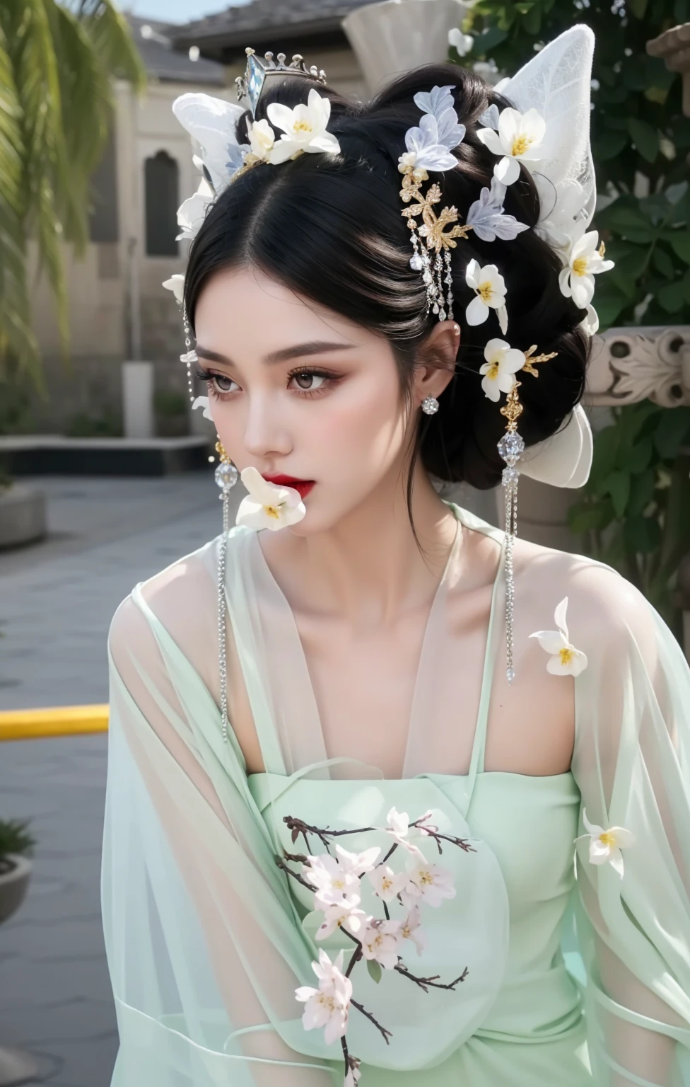Game Art,Best image quality,Maximum resolution,8K,(A bust photo),(portrait),(Head close-up),(Rule of Thirds),Unreal Engine 5 rendering works,20 year old girl,((Queen)),The eyes are very detailed,(Large Breasts),Elegance and nobility,Light,Light线追踪,Game CG,((3D Unreal Engine)),OC rendering reflection mode,4K,Ultra-clear,Sensual,Translucent lace,Fair and plump figure,Pretty Face,Light泽凝胶涂层,身着华贵礼服的Queen,Crystal Gem Crown,Necklace jewelry,blue eyes,The tattoo is very three-dimensional,Gorgeous and intricate tattoo designs,Ultra-clear portrait,Sexy body,Temple Princess,Sapphire eyes,Fine gold and diamond jewellery,Luxurious jewelry,Wearing diamond gemstone jewelry,Gorgeous jewelry all over the body,Pearl Necklace,Chinese Hanfu,There is a flower on the mouth