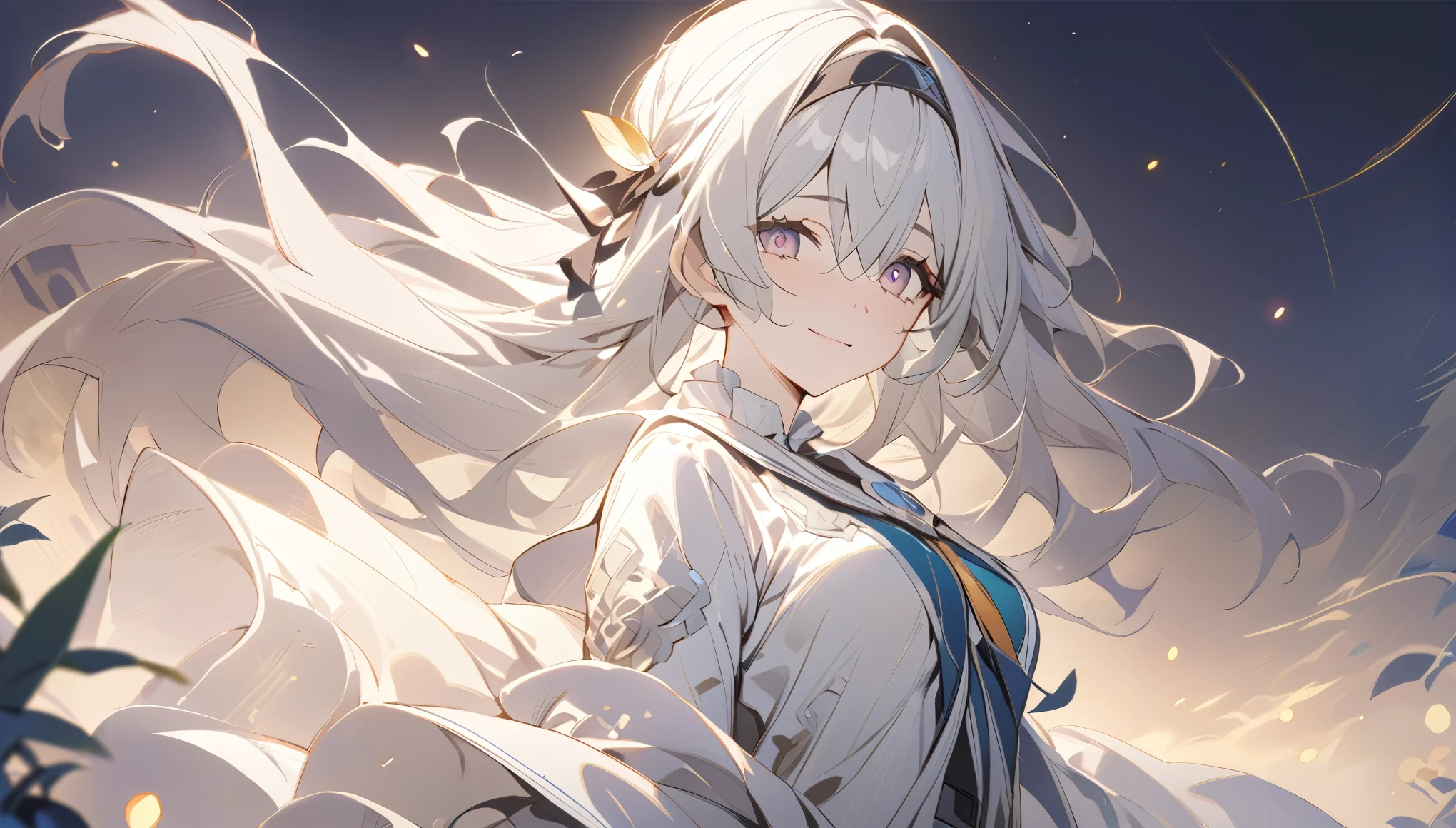 (best quality:1.3), (masterpiece:1.3), (illustration:1.3), (Extremely detailed:1.3), firefly \(Collapse: Star Trails\), 1 Girl, Solitary, Long hair,  Bangs, skirt, Long sleeve, Hair accessories, Silver hair, Black hair band, Medium breasts, Hair between the eyes，Lakeside at night，Bright light，smiling