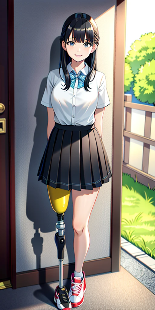 best quality, 1girl, solo, standing, outdoors, medium hair, black hair, straight hair, looking at viewer, medium breasts,  (prosthetic leg:1.2), black prosthetic leg, black socket, full body, smiling, (skirt:1.4), sneakers, plaid skirt, blue skirt, Japanese uniform, Japanese white female uniform. 