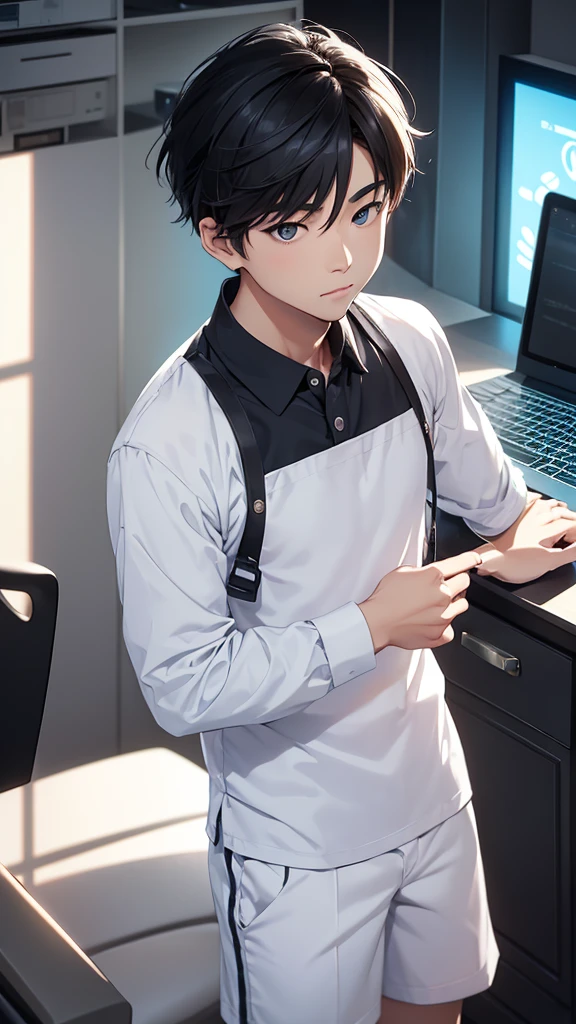 1boy Asian man 25 year with little white cat, typing laptop, cat brow color, dress short pant and top ,best body, bright face , perfect picture, the best picture,