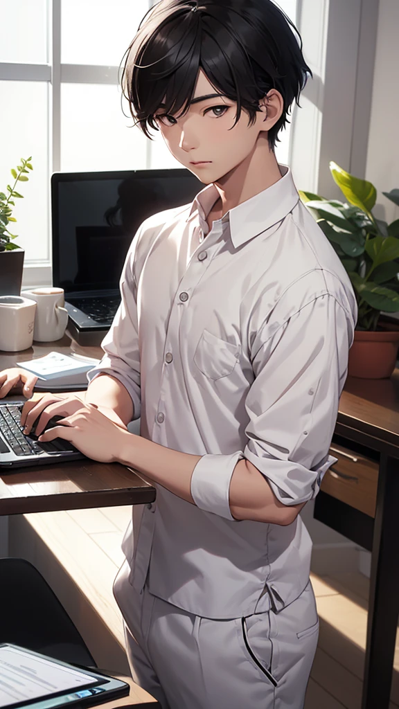 1boy Asian man 25 year with little white cat, typing laptop, cat brow color, dress short pant and top ,best body, bright face , perfect picture, the best picture,