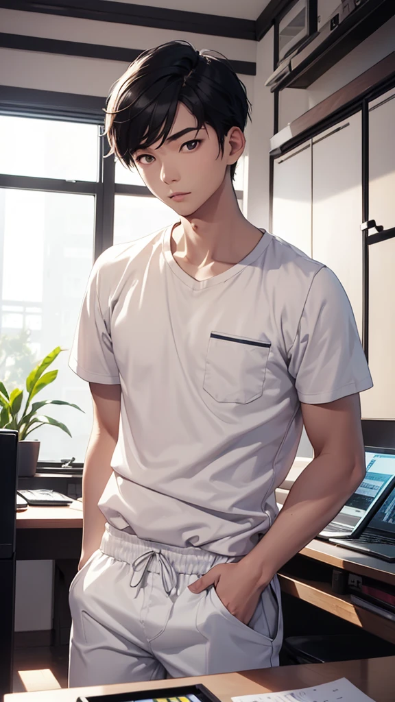 1boy Asian man 25 year with little white cat, typing laptop, cat brow color, dress short pant and top ,best body, bright face , perfect picture, the best picture,