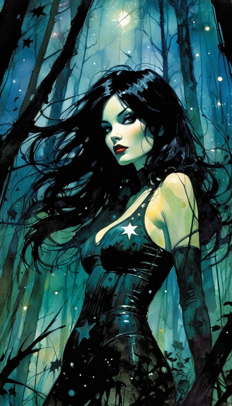 sexy black hair girl, dark forest, sinister, stars, background, art inspired by Bill Sienkiewicz
