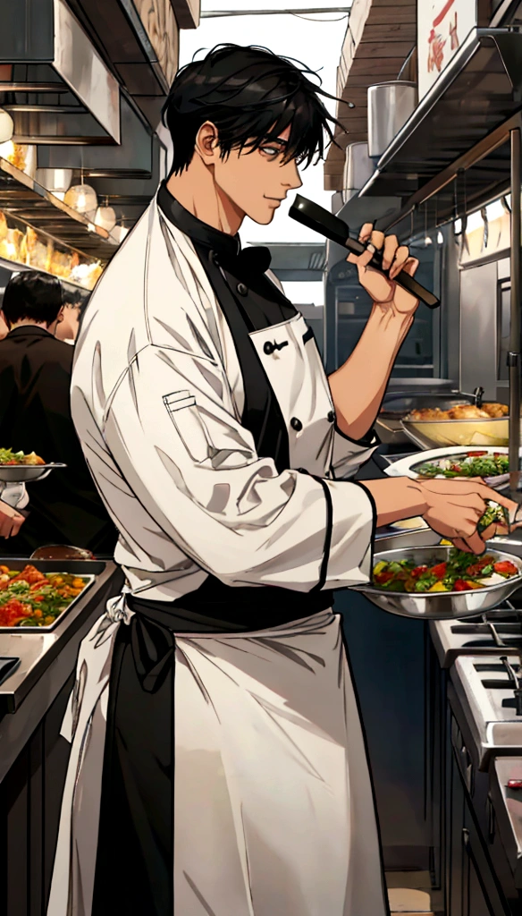 A handsome young man with black hair, dressed in a professional chef's outfit, is standing at a bustling street food stall. He is focused and skillfully preparing a delicious dish, with various cooking utensils and ingredients around him. The background features a vibrant market scene with other food stalls, colorful signs, and a crowd of people eagerly waiting for their food, emphasizing his dedication and expertise in the culinary arts.