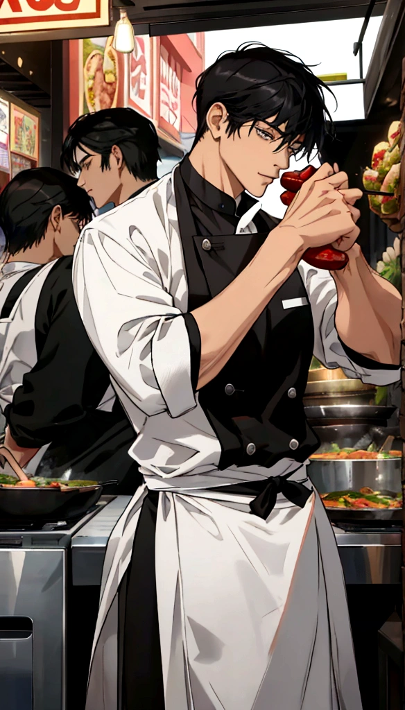 A handsome young man with black hair, dressed in a professional chef's outfit, is standing at a bustling street food stall. He is focused and skillfully preparing a delicious dish, with various cooking utensils and ingredients around him. The background features a vibrant market scene with other food stalls, colorful signs, and a crowd of people eagerly waiting for their food, emphasizing his dedication and expertise in the culinary arts.