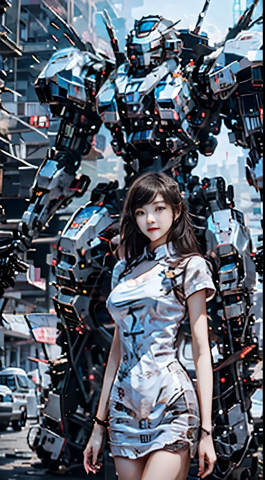 high quality，8K resolution，real picture，Long-haired mecha girl，Brown hair，（Large Breasts：1.1），Chinese girl，Tight，Umbilical cord，Shitu-mecha behind the girl，Gorgeous，chinese house，war destroyed ruins，Photo by Brandon Wolfmeister，surreal dream，That's it，Right of use，HDRM professional lighting，Photon Mapping，Wireless City，Physically Based Rendering，exquisite realism，Aray's That's itmic and expressive animations，（sunny：1.2），（Street in the afternoon：1.1）。
