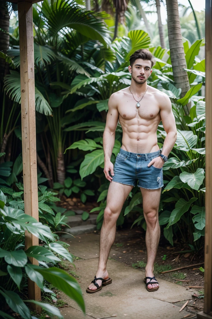 full body shot of a handsome topless man wears shorts , nacklace, watch, upper body, outdoor, 28yo, caucasian, darelljones, ultra realistic, highres, solo, american boy, tropical forest, chill vibe, (masterpiece,best quality:1.5),ground