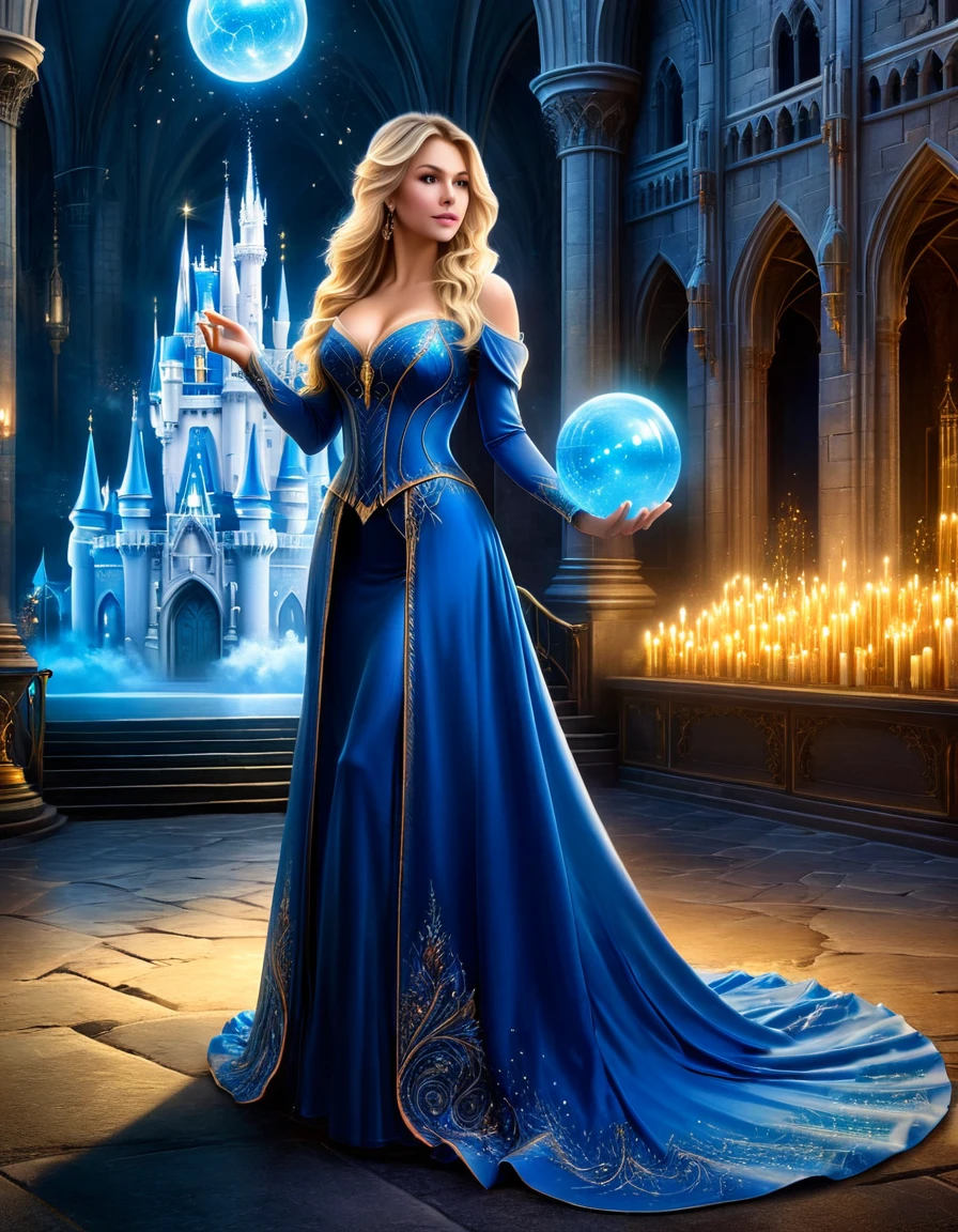 A blonde woman in a blue gown, holding a glowing orb, standing in a majestic fantasy castle with towering spires and intricate details.