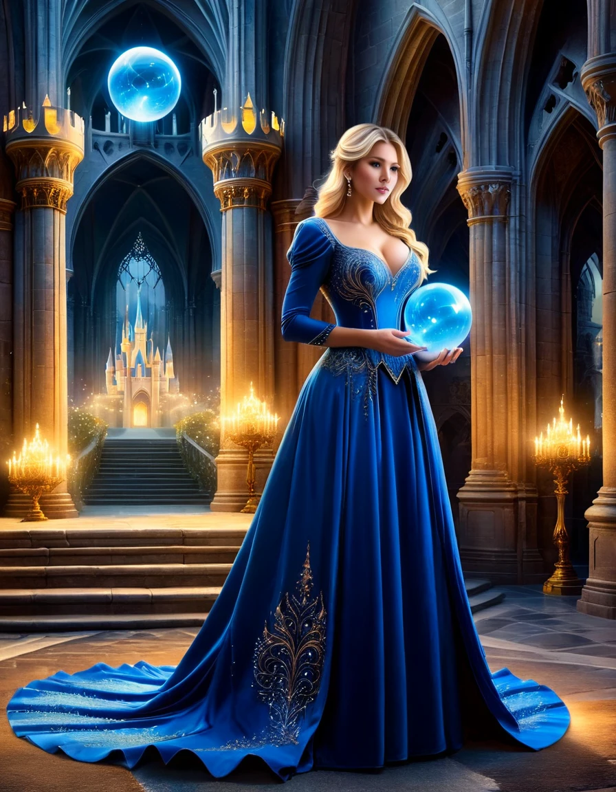 A blonde woman in a blue gown, holding a glowing orb, standing in a majestic fantasy castle with towering spires and intricate details.