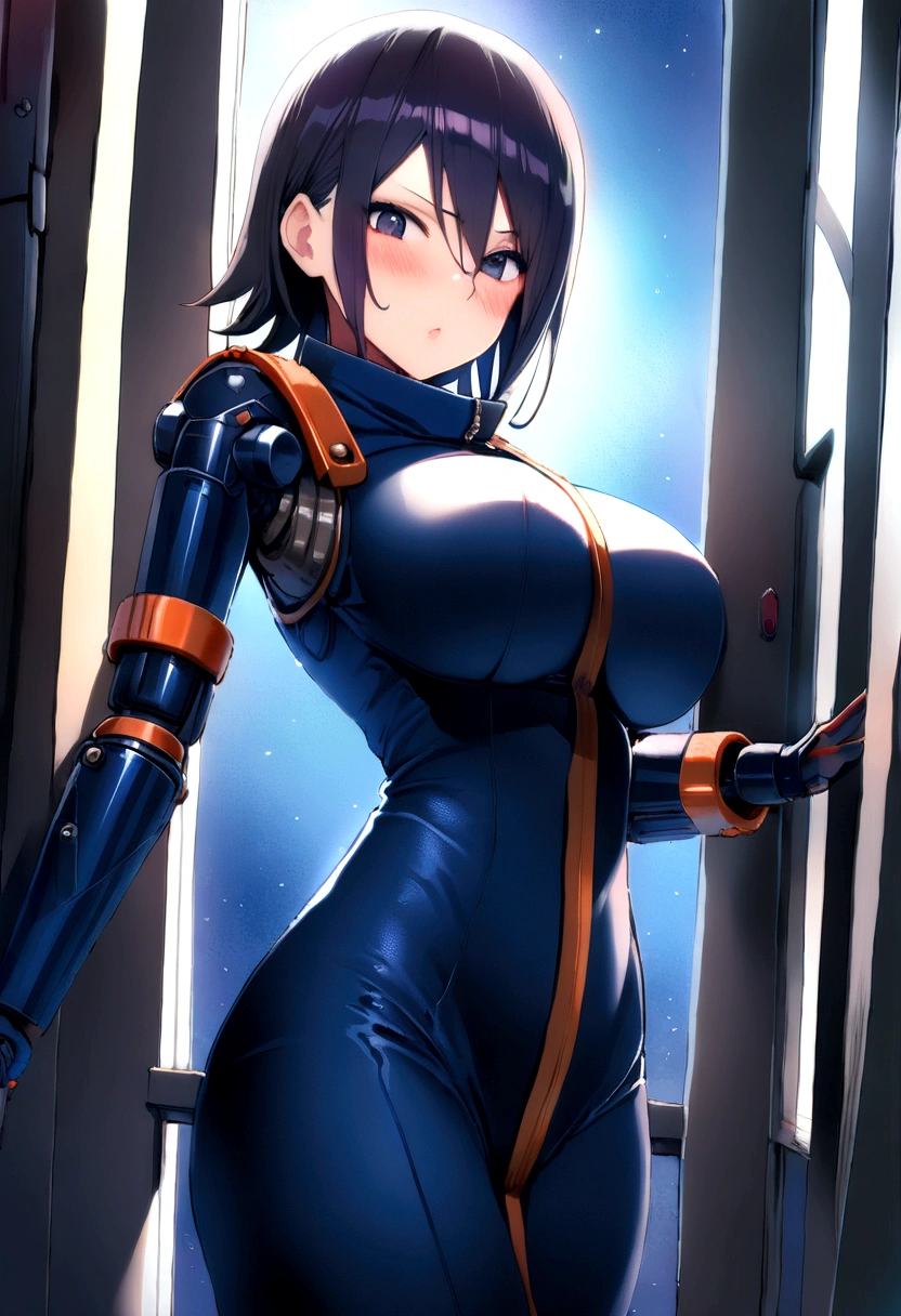 (Full length photo:2), (One/woman/mechanics:1.8), (very large breasts:1.8), (all mechanicsal body:2), (with bionic armor:1.5), white with black gears, (she is inside a spaceship near the window and sees outer space:1.5), (she has very short purple straight hair:1.2), (Blue eyes:1.2), (moans:1.5), (blush:1.5), (takes sensual poses, standing in front of the viewer:1.5), anime style, Anime, 16K, high quality, Textured leather, uhd, award winning sarada uchiha