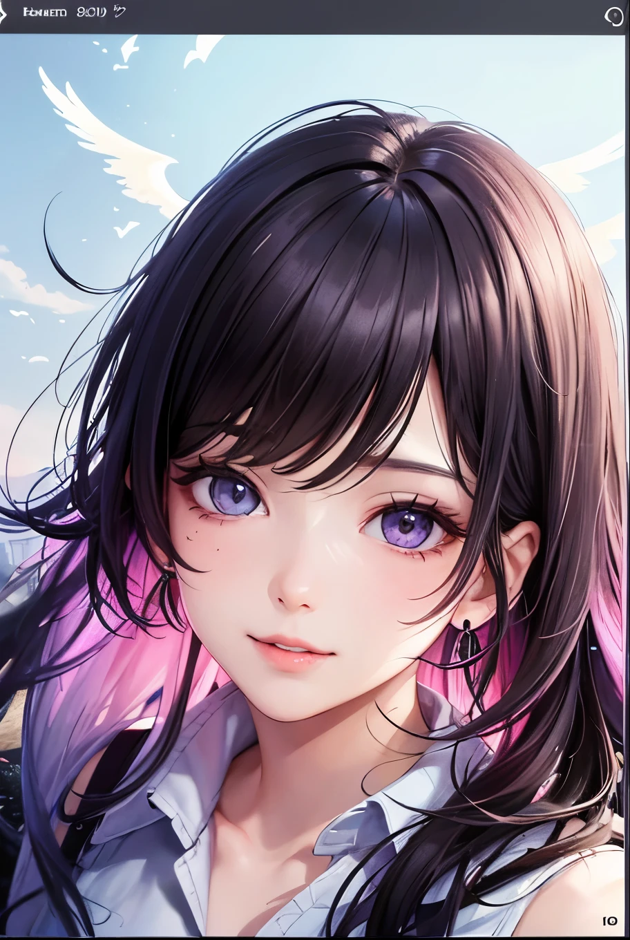 masterpiece, best quality, highly detailed, high resolution, expensive resolution, high resolution, 4k, 8k, uniform 8k wallpaper, highly detailed CG, masterpiece, 2d, 3d, beautiful details, depth, fine texture, best quality: 1.3, perfectly focused, sharp. skin, him, very cute anime girl, her name is Mei, medium hair, white winged angel, , mole under eye, looking at the viewer, expensive, blush, mole, open lips, pink eyes, smiling face