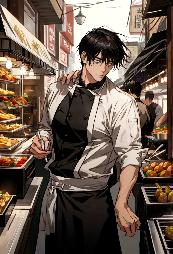A handsome young man with black hair, dressed in a professional chef's outfit, is standing at a bustling street food stall. He is focused and skillfully preparing a delicious dish, with various cooking utensils and ingredients around him. The background features a vibrant market scene with other food stalls, colorful signs, and a crowd of people eagerly waiting for their food, emphasizing his dedication and expertise in the culinary arts.