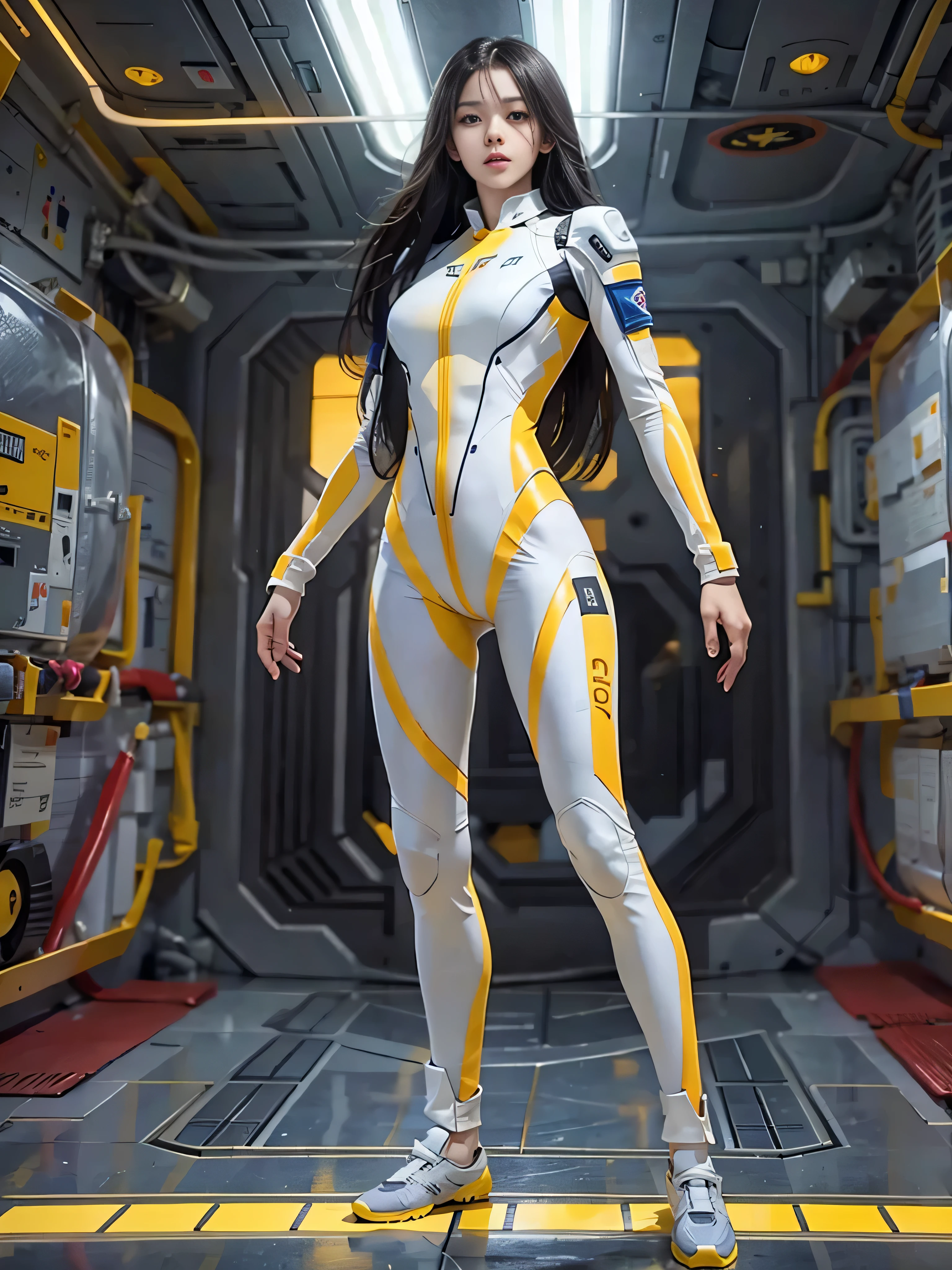 (Raw quality:1.4), Beautiful slim and long legged woman、Beautiful and well-groomed face、Long black hair、Smooth legs、Well-balanced and slim body、Full Body Lesbian、no gravity、Yellow spacesuits that fit snugly against the body、Inside the space station、mechanical、　White lighting
