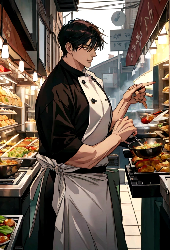 A handsome young man with black hair, dressed in a professional chef's outfit, is standing at a bustling street food stall. He is focused and skillfully preparing a delicious dish, with various cooking utensils and ingredients around him. The background features a vibrant market scene with other food stalls, colorful signs, and a crowd of people eagerly waiting for their food, emphasizing his dedication and expertise in the culinary arts.