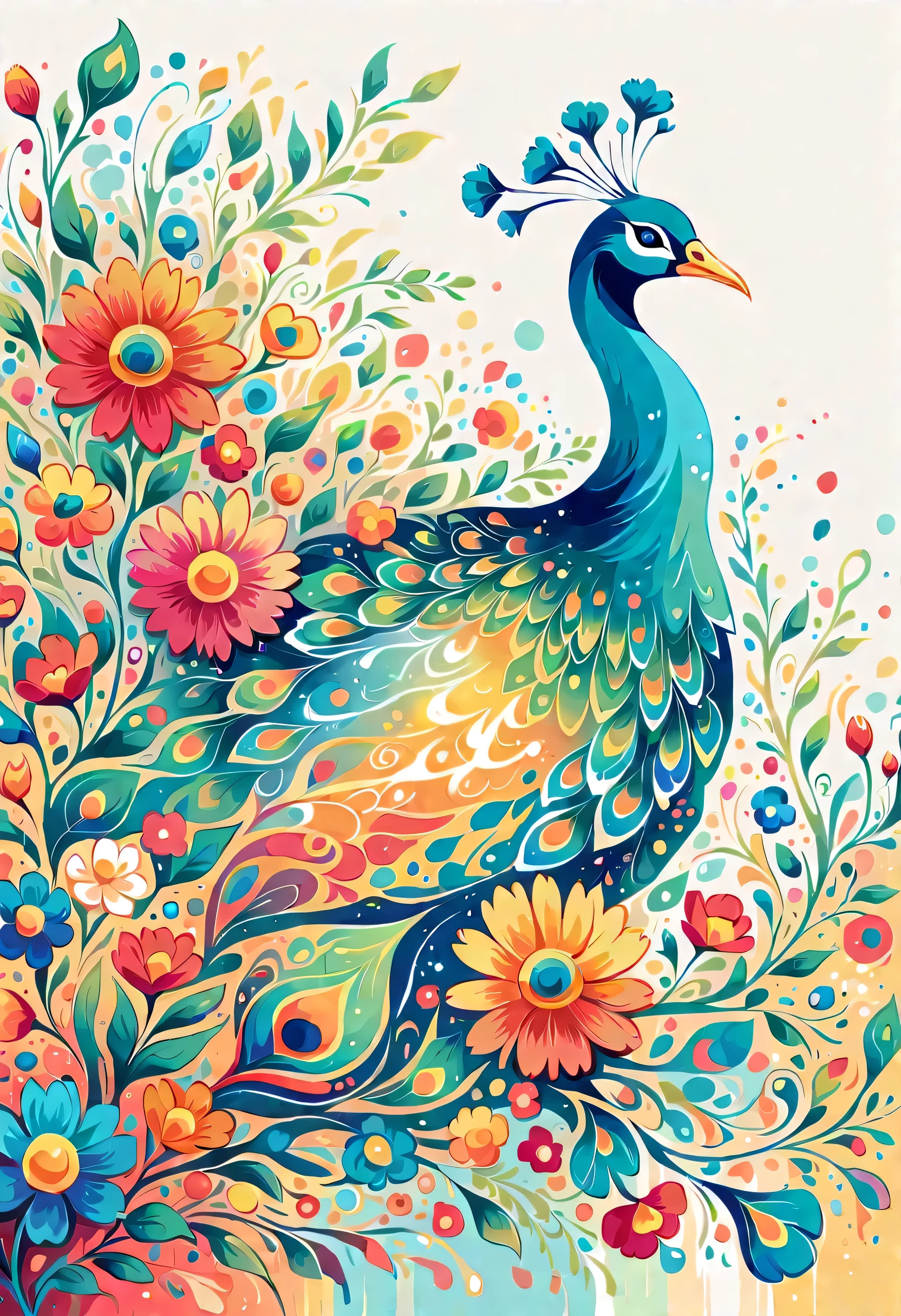 Yomu style, The most beautiful peacock of all time colorful flowers, Simple Line Initialism,Abstract art,Urban Background