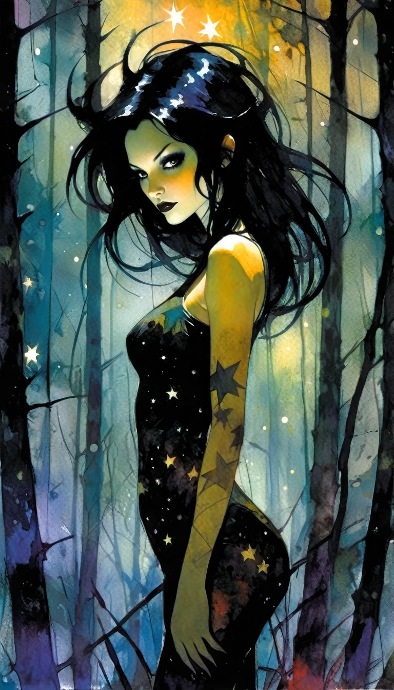 sexy black hair girl, dark forest, sinister, stars, background, art inspired by Bill Sienkiewicz
