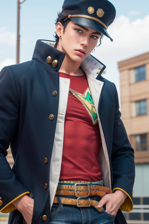 (masterpiece, Highest quality:1.2),, Cowboy Shot, alone, Male Focus, One boy, KUJO JOTARO, Muscular man, Severe, Mouth closed, View your viewers, Put your hands in your pockets, Have, Green Eyes, , gakuran, Long coat, jewelry, Earrings, Lock ,hat