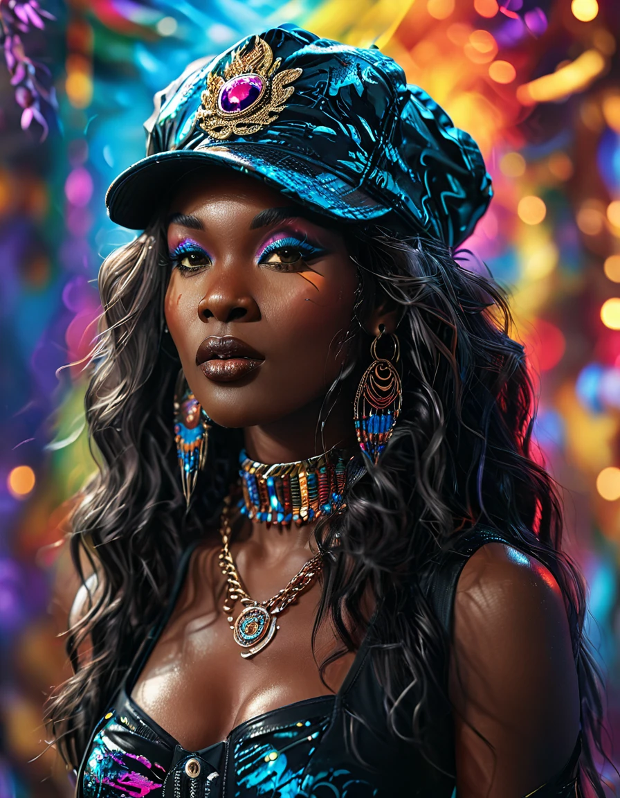 ValvePunkAI woman fashion (Highly detailed, amazing fantasy setting), (Shiny Impressive lighting), (Colorful, Ultra Realistic, High quality, Highly detailed, Sharp focus, 8K UHD, Art photography), (trending on artstation), (black skin, dark black skin), (beautiful brown skin)