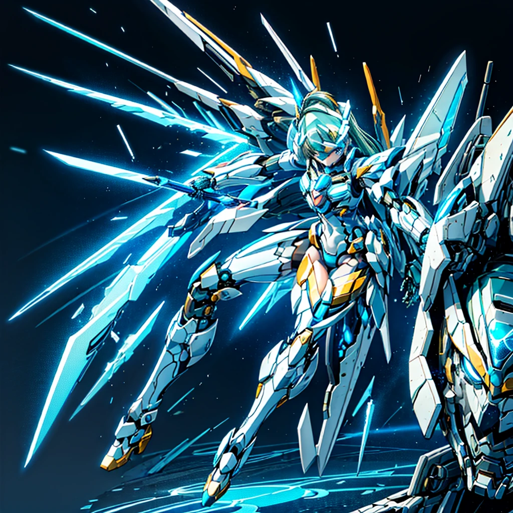masterpiece, high quality, Cyborgization、Destroyed gynoid cyborg body、The face is of Minami Kotori.、mechanical parts、Blue and white leotard armor、solo focus、Single image、from front, full body、Mechabare、damage、The body is destroyed, exposing the precision machinery、Barcode on thigh