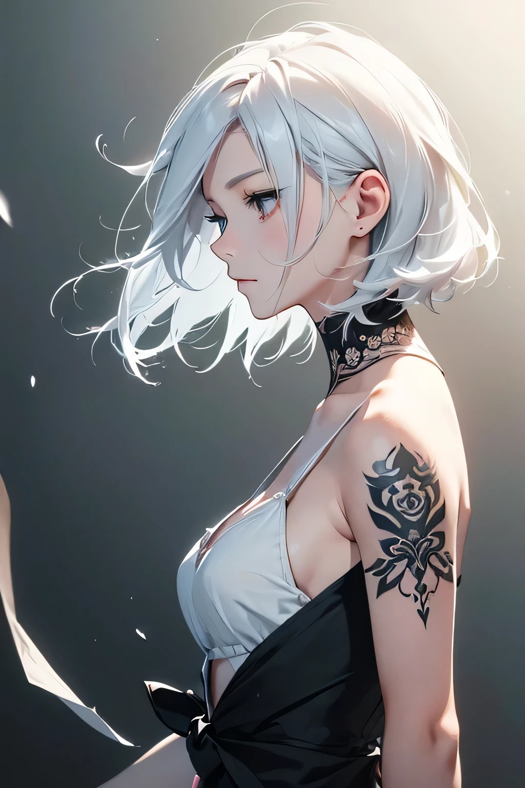 (Image from chest up:1.4)((masterpiece:1.5,Highest quality,Beautiful images、2.5D、Abstract、Artistic、Portraiture))(1girl, solo)(medium breasts, white hair、bob hair、Beautiful cleavage、Exposing shoulders、Tattoo on shoulder)(Profile Portrait,Gaze sideways、Gaze diagonally、Shake your head、A sad expression, floating hair)(Monotone artistic background、Solid color background)((from side:1.5)),Landscape