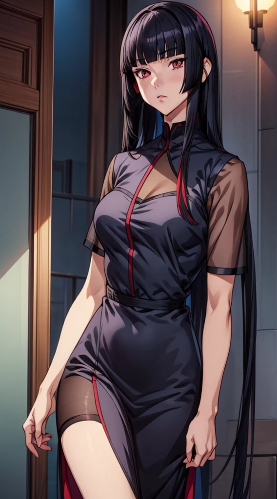 Anime girl, prettify, femme fatale, noir, detective, dress, reasturant,shadow, gray silky hair, heterochromia eyes,her left eye is gray, her right eye is red rose, straight hair, straight hair cut and straight blunt bangs, strictly straight cutted bangs, hime hairstyle