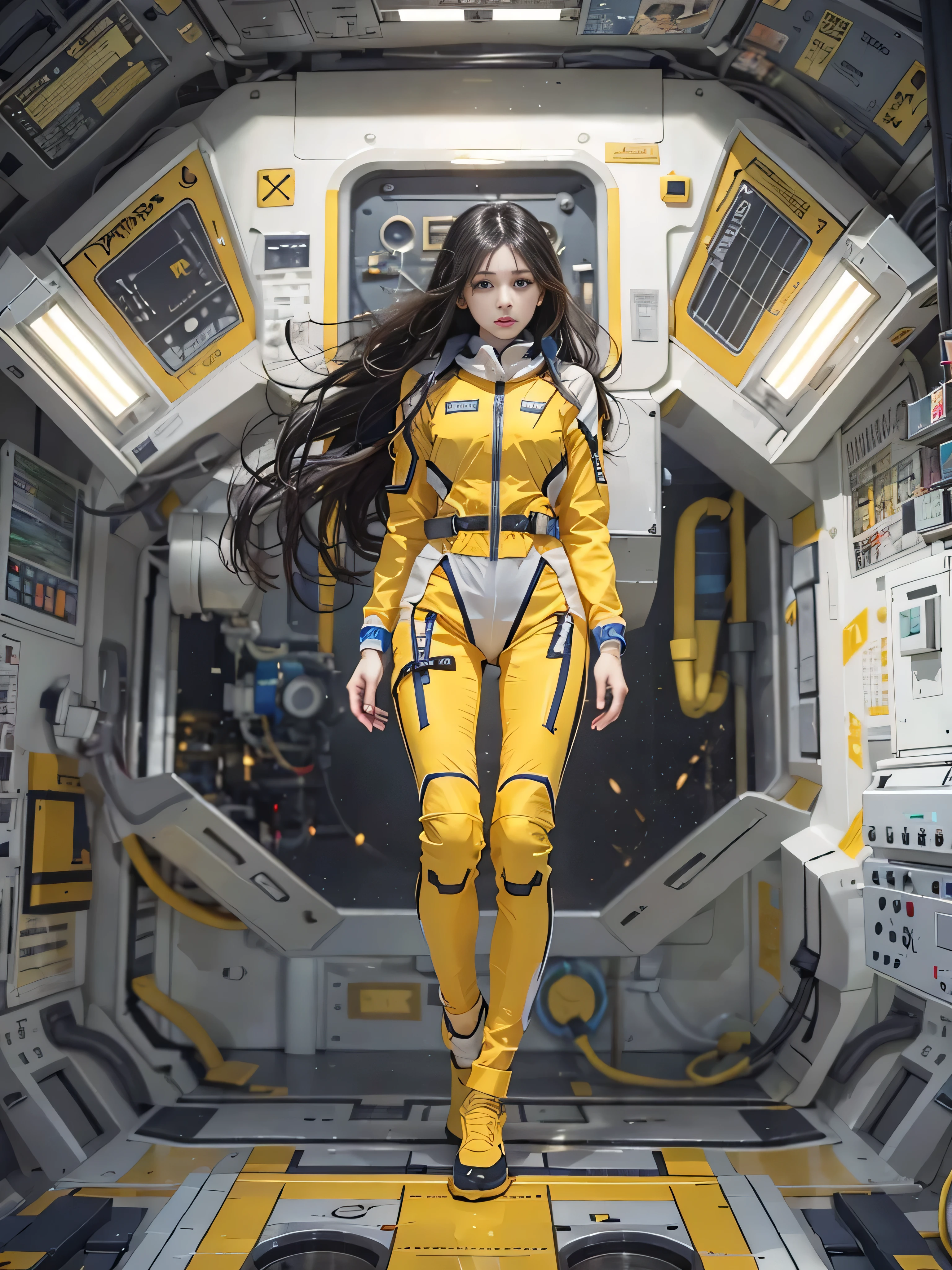(Raw quality:1.4), Beautiful slim and long legged woman、Beautiful and well-groomed face、Long black hair、Smooth legs、Well-balanced and slim body、Full Body Lesbian、no gravity、Yellow spacesuits that fit snugly against the body、Inside the space station、mechanical、 White lighting