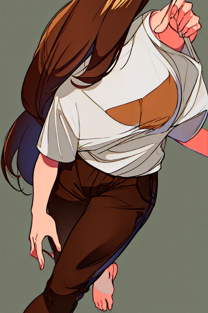 An anime girl wearing khaki brown cargo joggers, a white t-shirt, that says ''Wachu', with a hat, and that he is smiling and raising his hand greeting me, con a white t-shirt con marrón